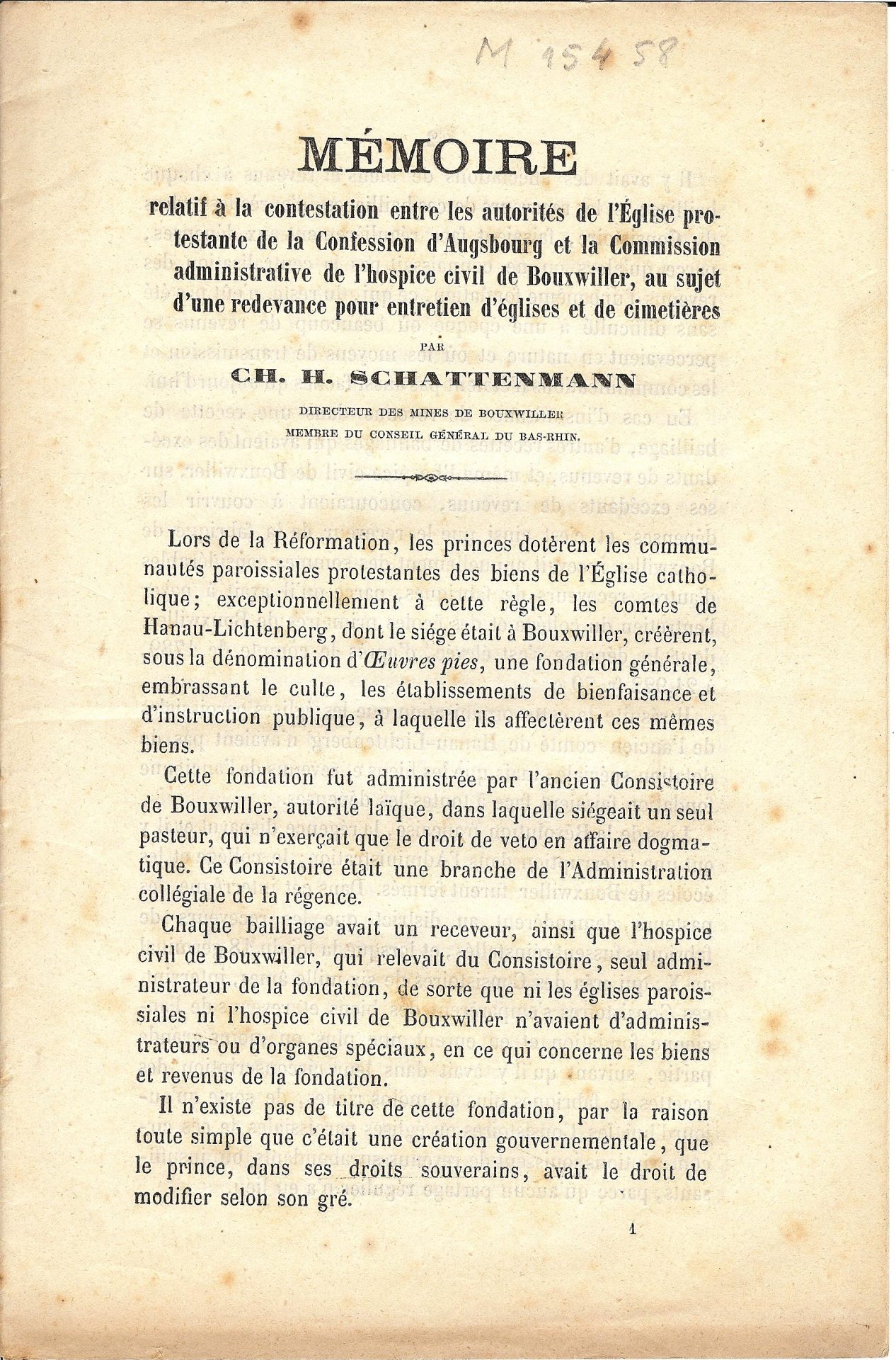 Mémoire relatif à la contestation entre les autorités de l'Eglise protestante de la Confession d'Augsbourg et la commission administrative de l'hospice civil de Bouxwiller