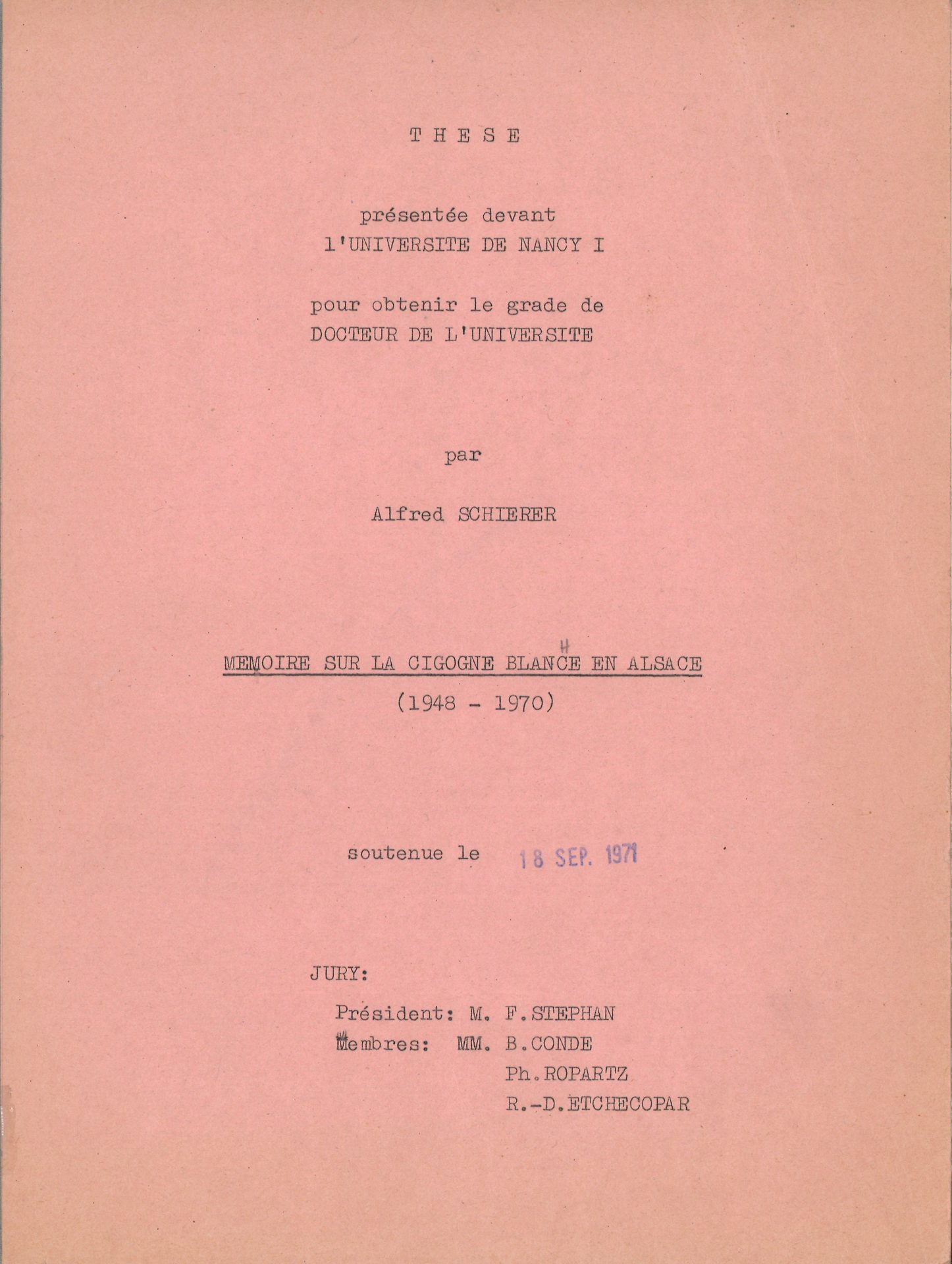 Mémoire sur la cigogne blanche en Alsace (1948-1970)