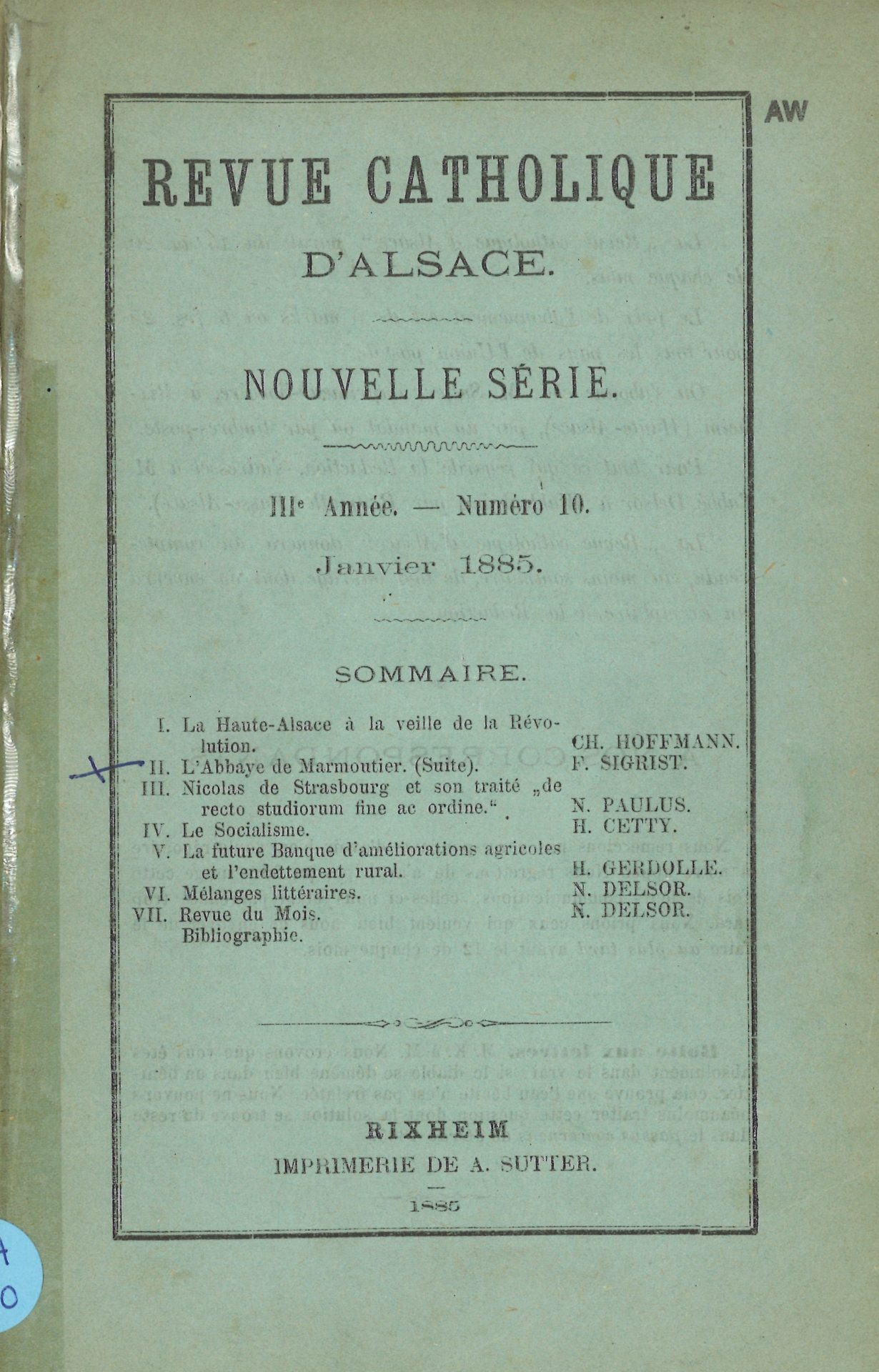 Revue catholique d'Alsace - Nouvelle série - Troisième année 1884-1885 - janvier 1885