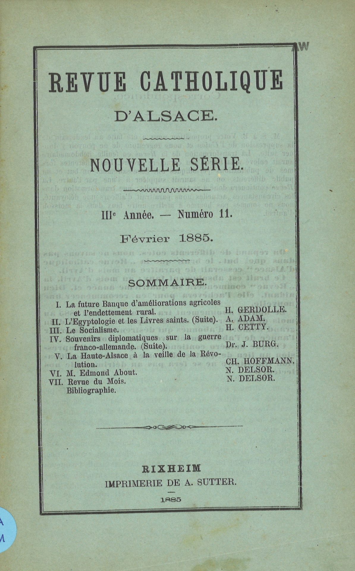 Revue catholique d'Alsace - Nouvelle série - Troisième année 1884-1885 - février 1885