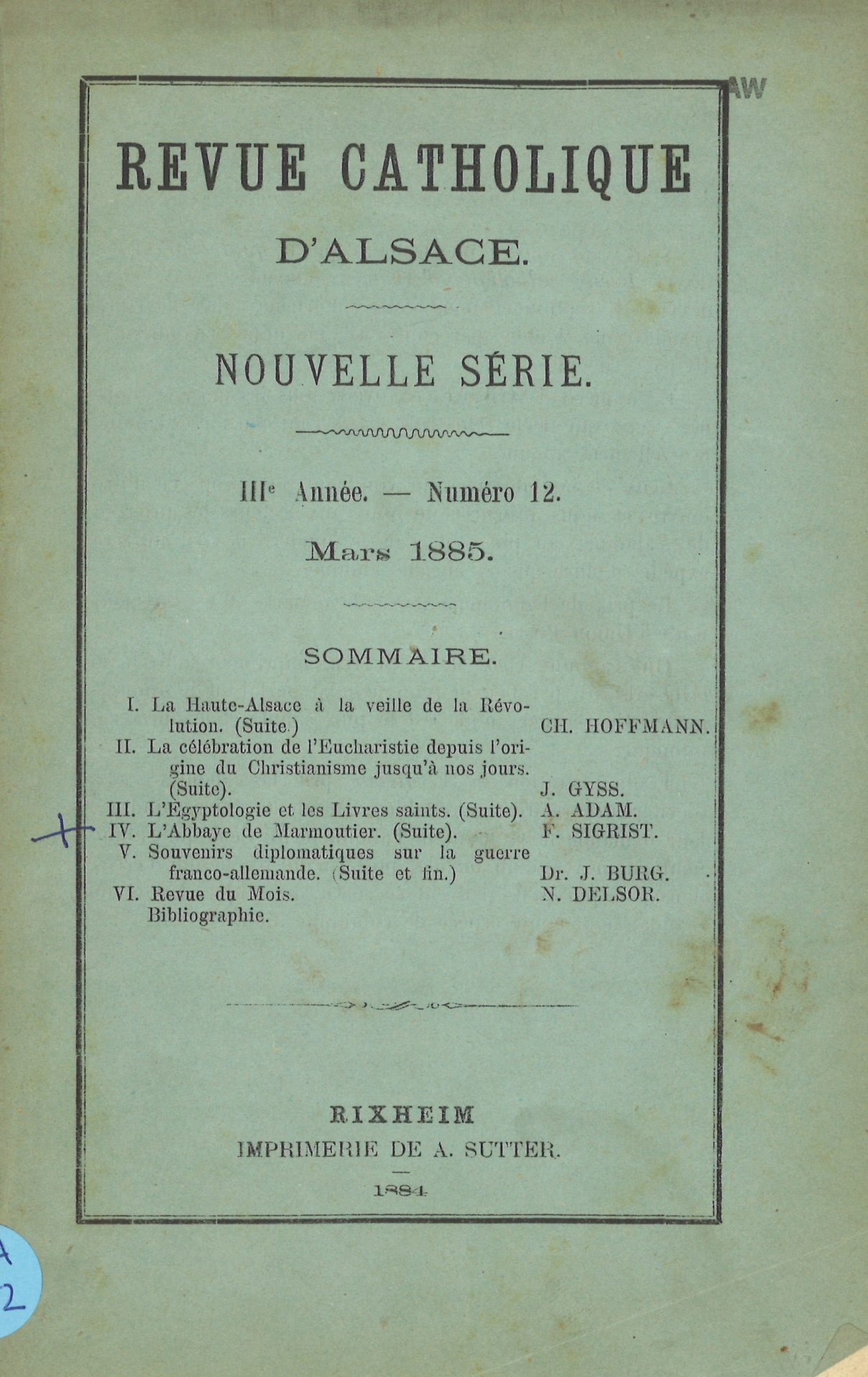 Revue catholique d'Alsace - Nouvelle série - Troisième année 1884-1885 - mars 1885