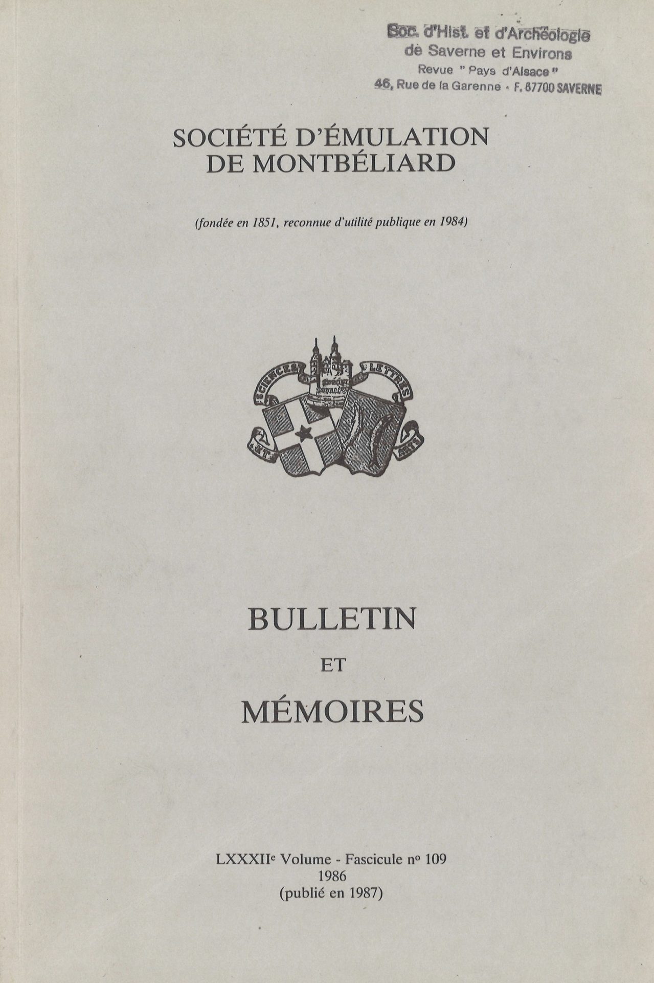 Bulletin et Mémoires de la Société d’Emulation de Montbéliard