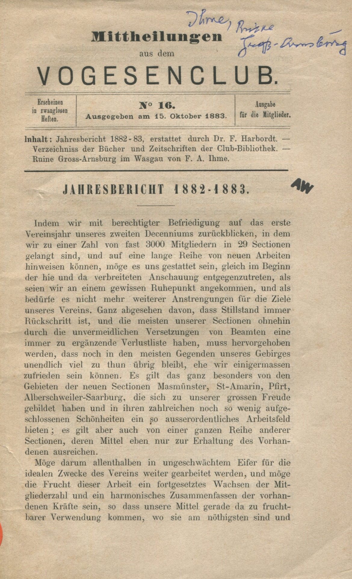 Mittheilungen aus dem Vogesenclub