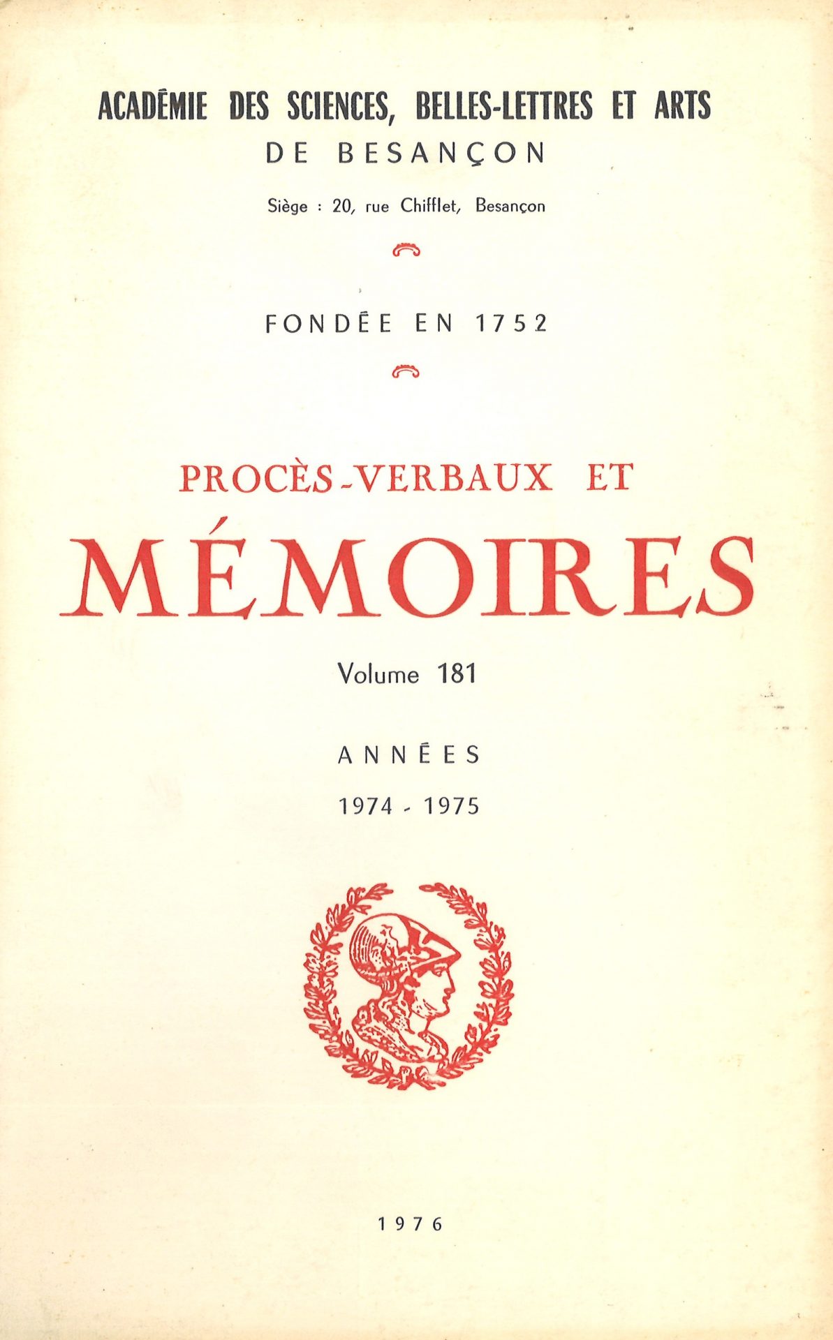 Procès-verbaux et Mémoires de l'Académie des Sciences, Belles-Lettres et Arts de Besançon et de Franche-Comté