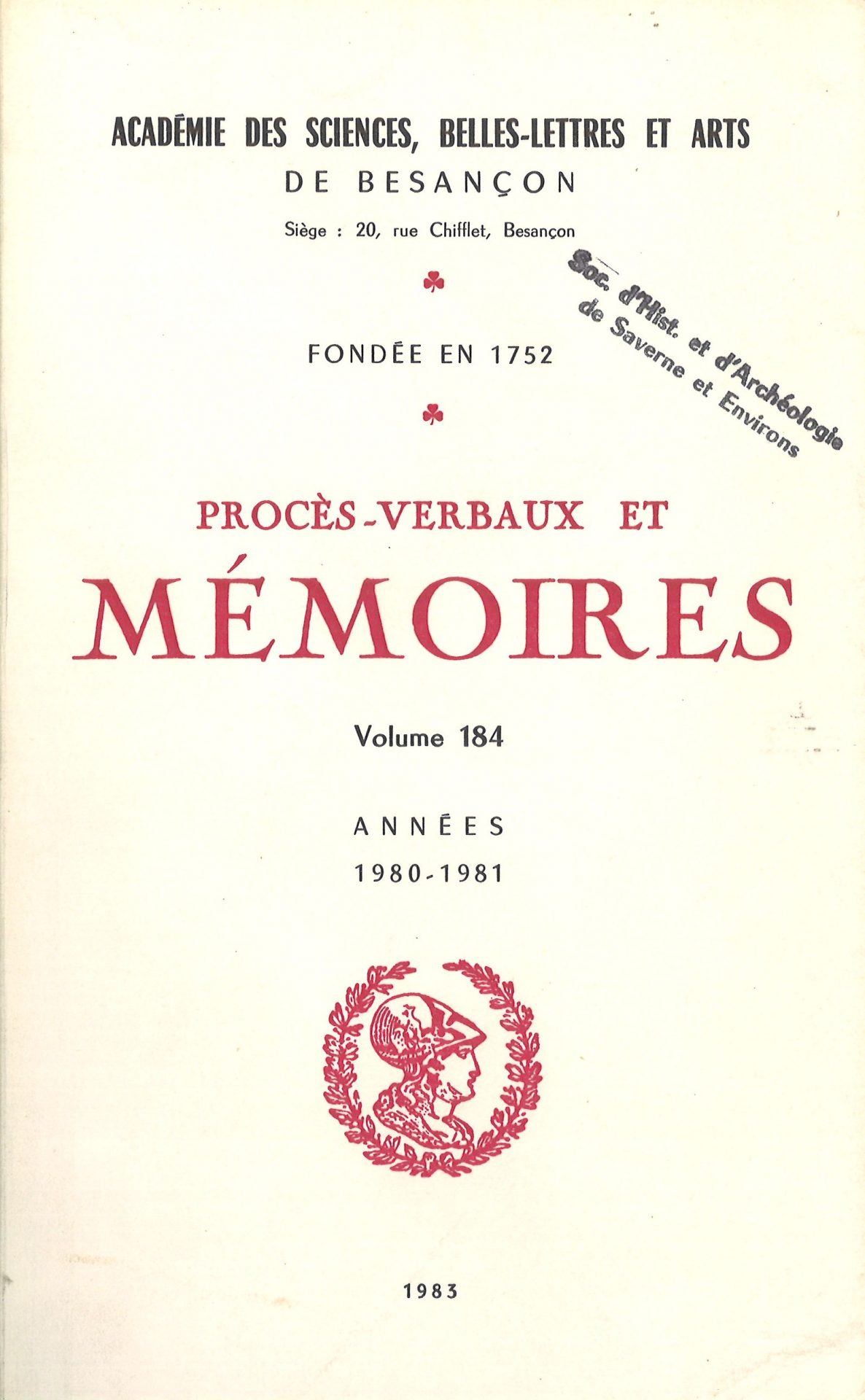 Procès-verbaux et Mémoires de l'Académie des Sciences, Belles-Lettres et Arts de Besançon et de Franche-Comté