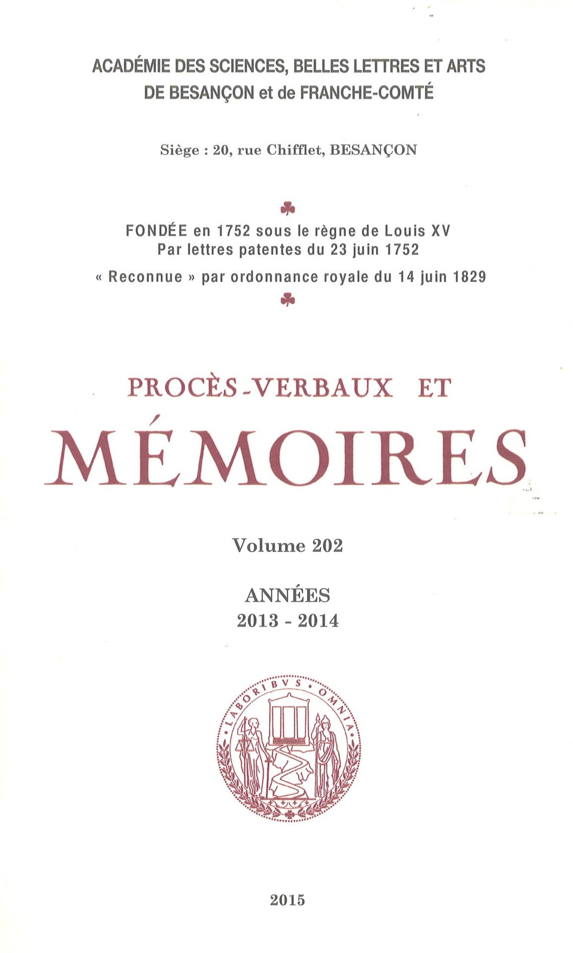 Procès-verbaux et Mémoires de l'Académie des Sciences, Belles-Lettres et Arts de Besançon et de Franche-Comté