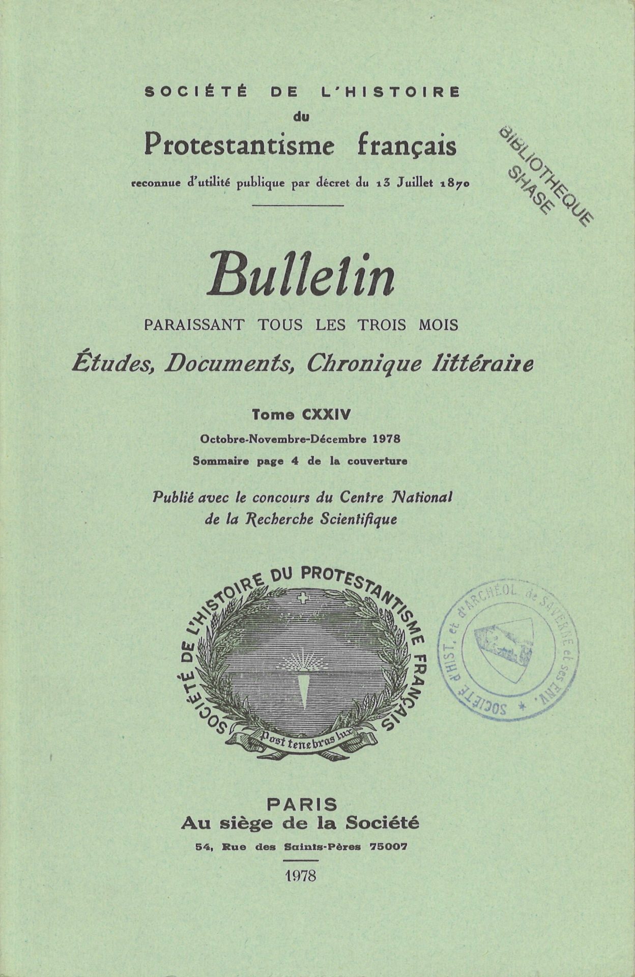 Bulletin de la Société de l'histoire du protestantisme français