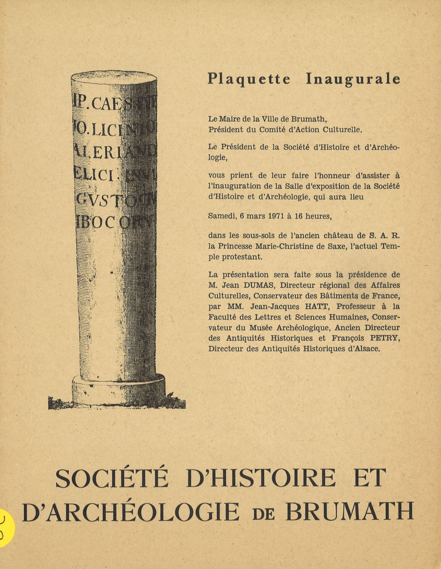 Société d'histoire et d'archéologie de Brumath - Plaquette inaugurale