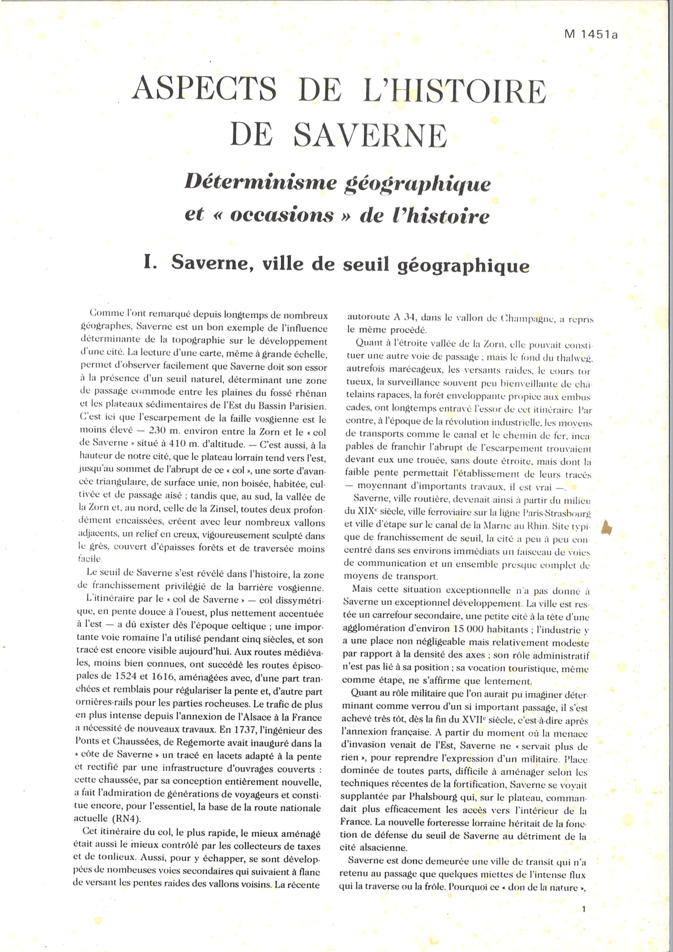 Aspects de l'histoire de Saverne - dossiers M1451a à 1469e